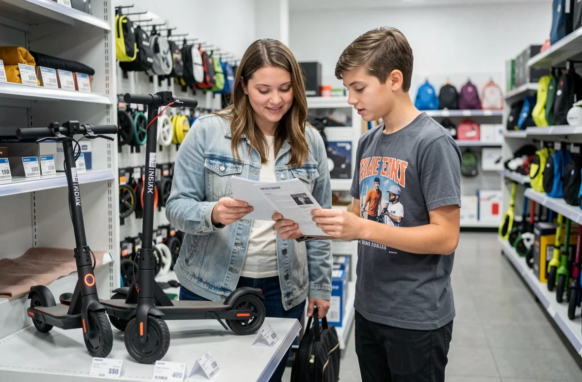 Parent et adolescent comparant des modèles de trottinettes électriques dans un magasin de sport pour choisir le meilleur rapport qualité-prix