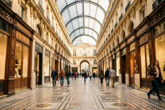 Vue en perspective du passage Vivienne à Paris, avec ses mosaïques au sol et sa verrière en fer forgé du XIXe siècle