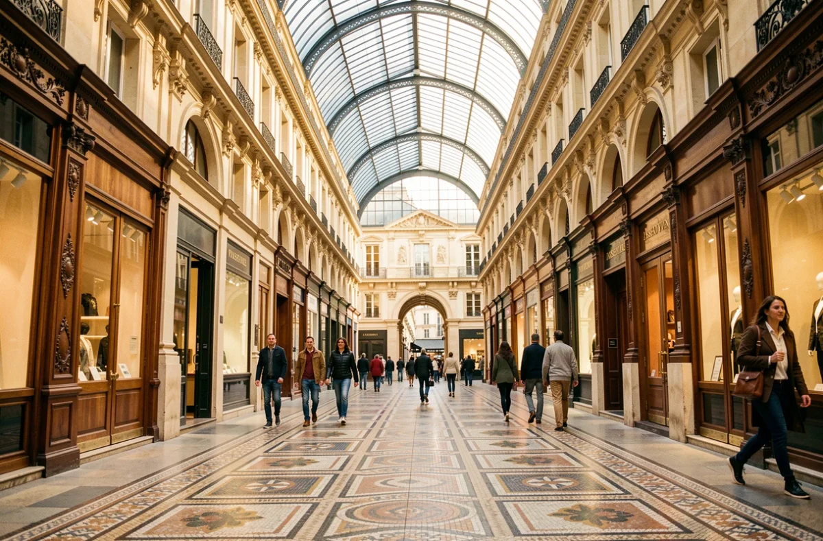 Vue en perspective du passage Vivienne à Paris, avec ses mosaïques au sol et sa verrière en fer forgé du XIXe siècle