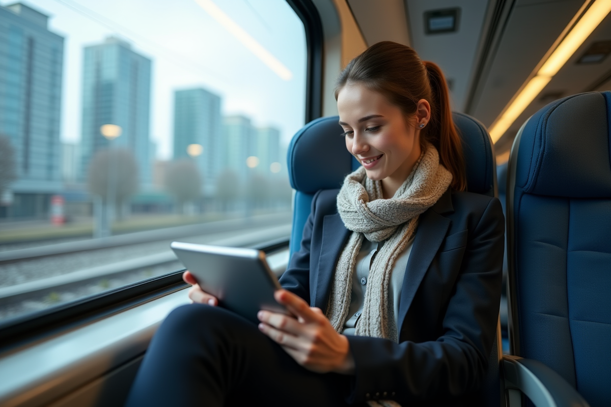 Jeune femme relaxe avec tablette dans train moderne