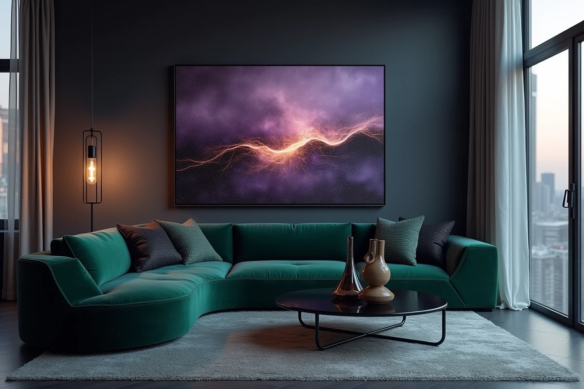 Appartement urbain au crépuscule avec grande peinture futuriste en violet et or rose appuyée contre un mur anthracite, canapé incurvé en velours vert et vue sur la ville