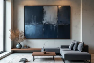 Salon design avec peinture abstraite futuriste aux tons bleu marine et argent métallique sur mur en béton, canapé bouclé anthracite et table en noyer