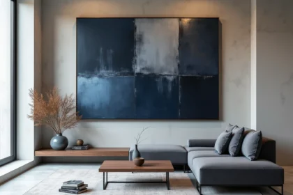 Salon design avec peinture abstraite futuriste aux tons bleu marine et argent métallique sur mur en béton, canapé bouclé anthracite et table en noyer