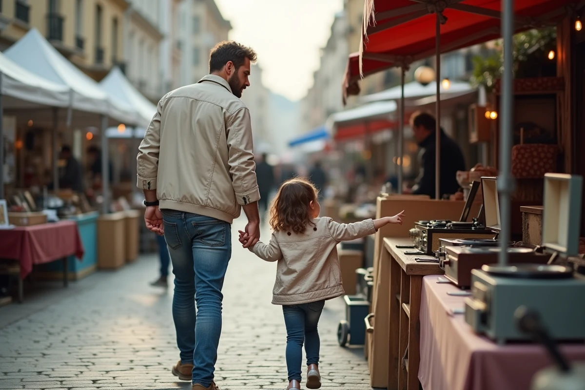 Père et fille découvrant un tourne-disque vintage au marché
