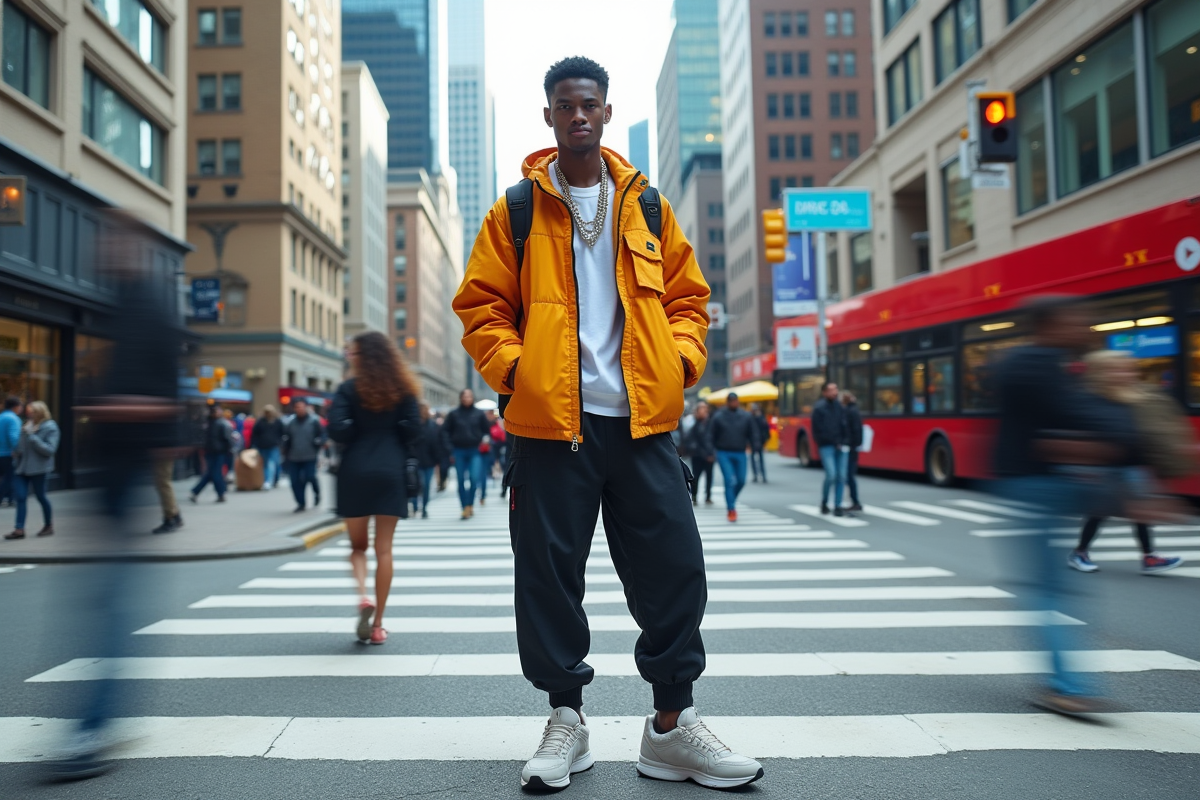 Personne en streetwear posant au passage piétons en ville