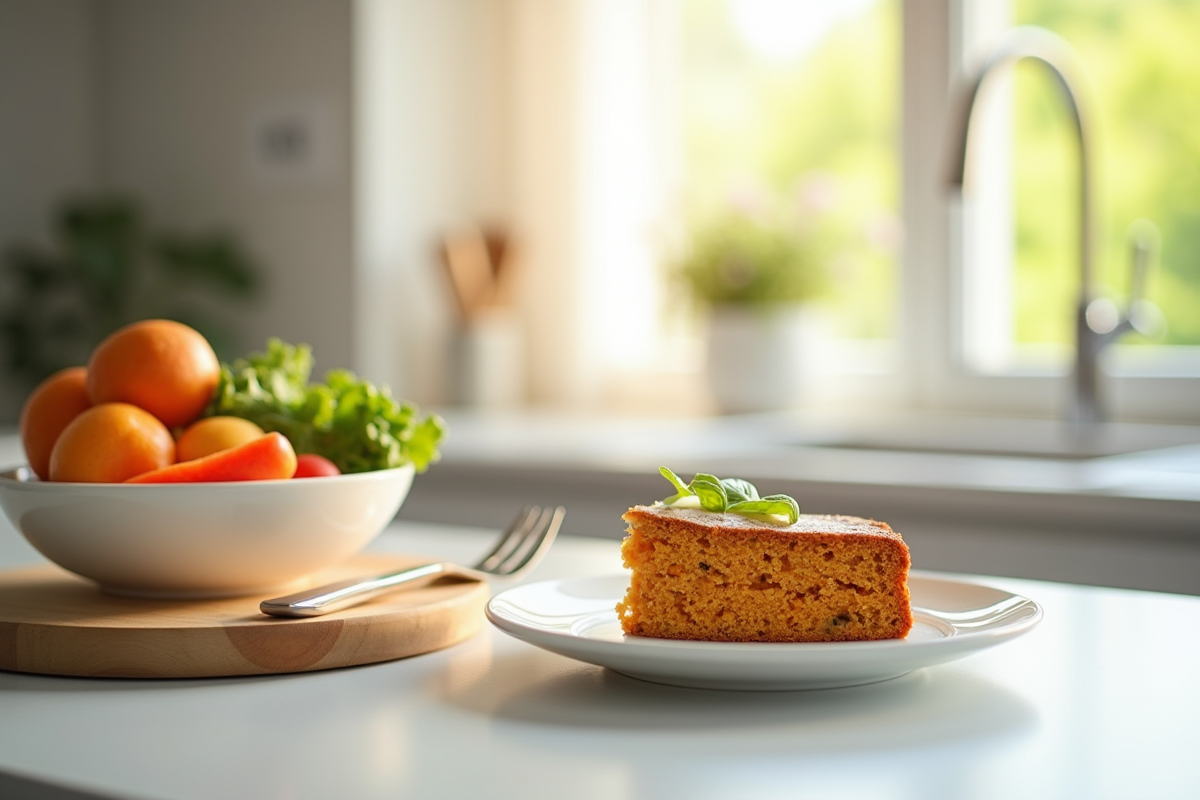 Part de gâteau à la carotte avec salade et fruits frais