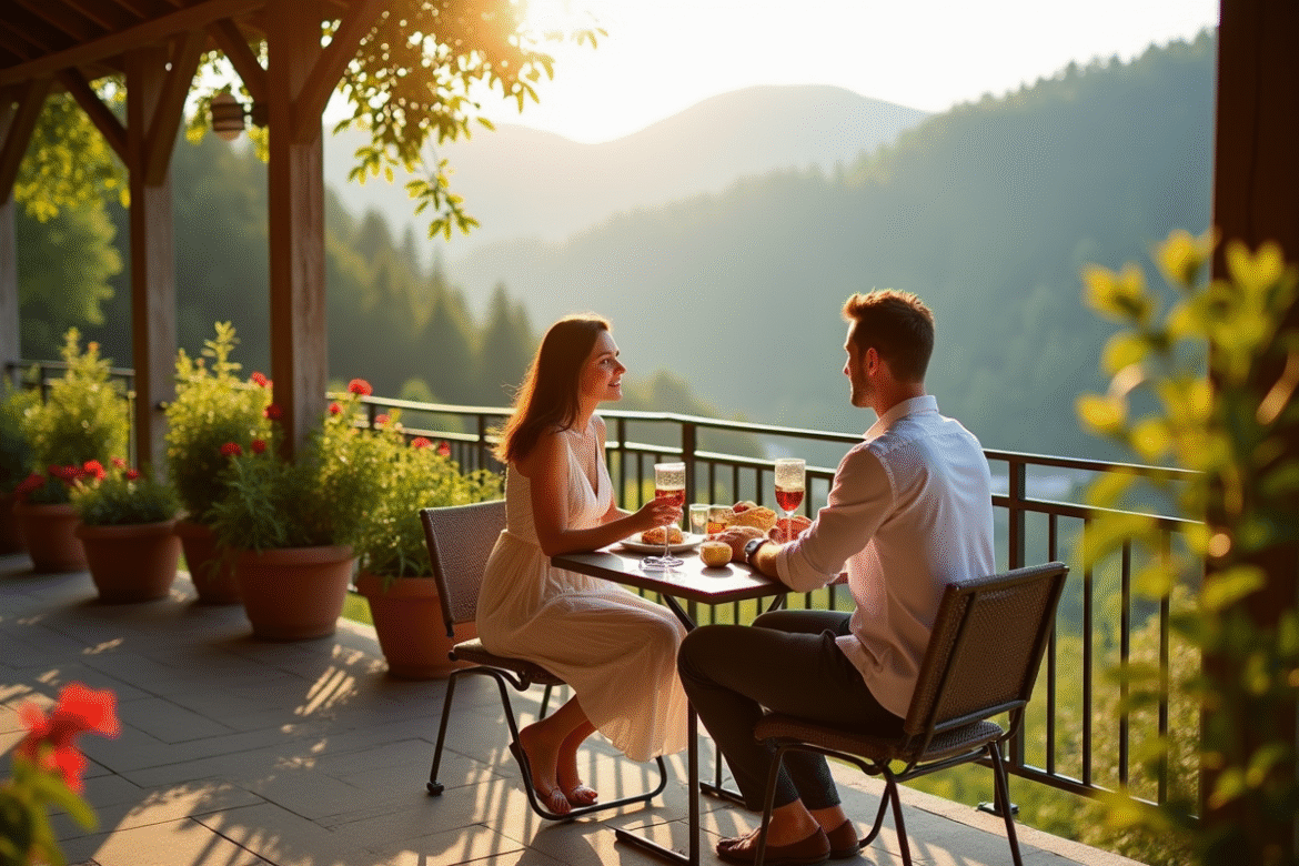 Couple romantique petit-dejeuner sur terrasse en Vosges