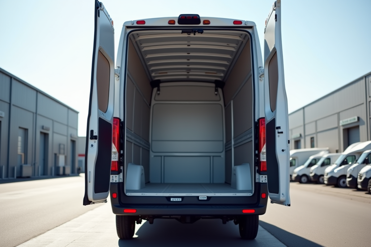 Vue de derrière du Peugeot Boxer avec portes ouvertes