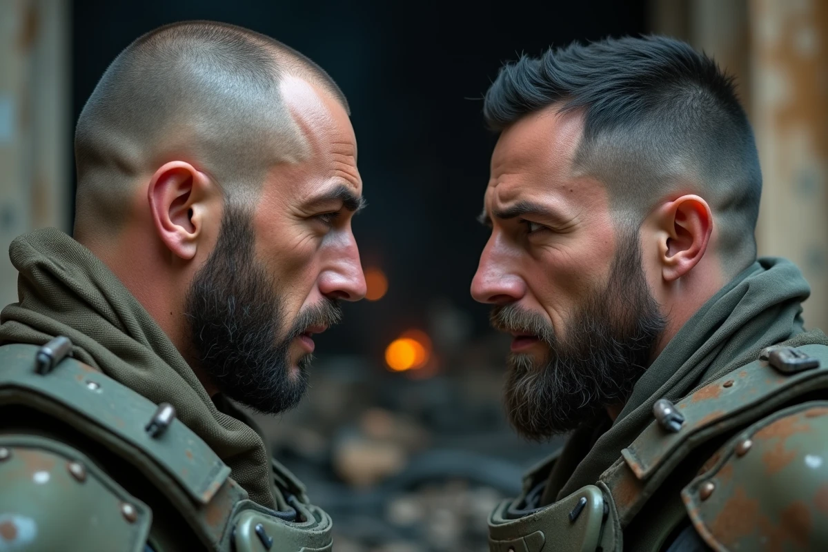 Portrait rapproché de deux soldats épuisés au visage poussiéreux dans une structure industrielle détruite, capturant l'amitié profonde du duo central de Gears of War E-Day