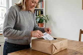 Femme préparant un colis de retour La Poste avec une étiquette d'expédition sur une table en bois dans un appartement