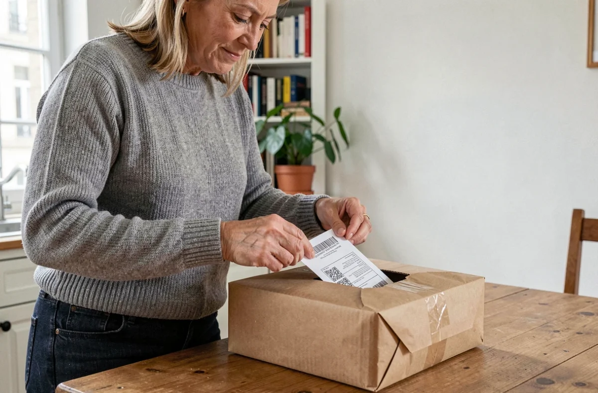 Femme préparant un colis de retour La Poste avec une étiquette d'expédition sur une table en bois dans un appartement