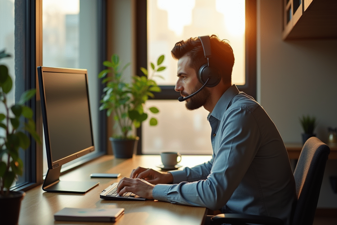 Professionnel concentré travaillant à domicile avec moniteur et casque