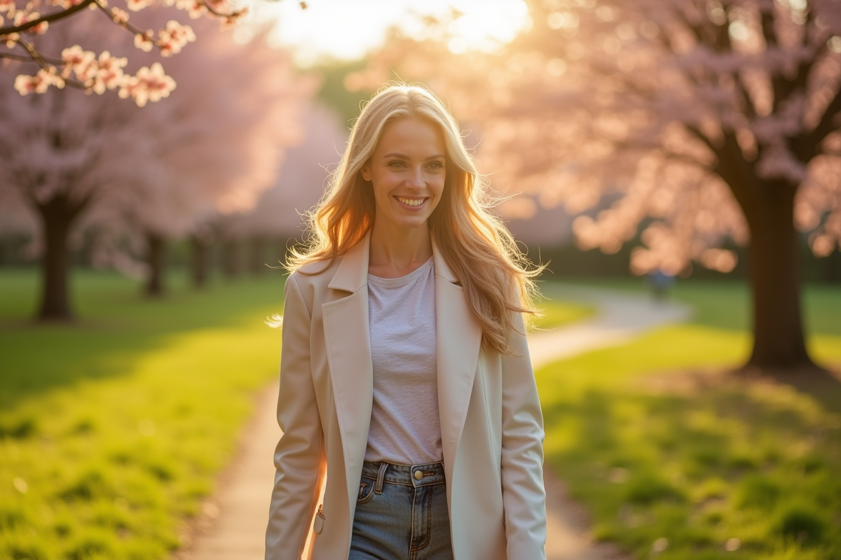 Clara Charlotte marchant dans un parc en fleurs
