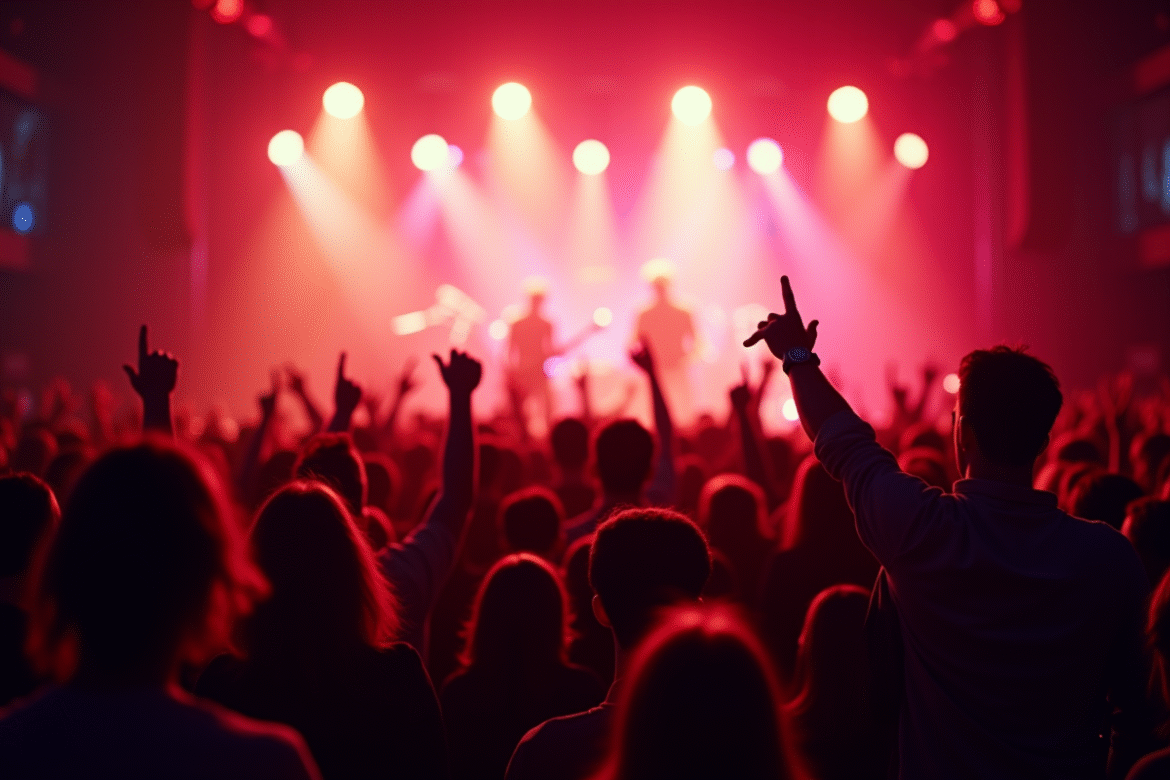 Foule de concert rock en arrière plan avec scène illuminée