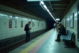Quai de métro TCL presque vide lors d'une grève des transports en commun à Lyon, usagers consultant leurs téléphones