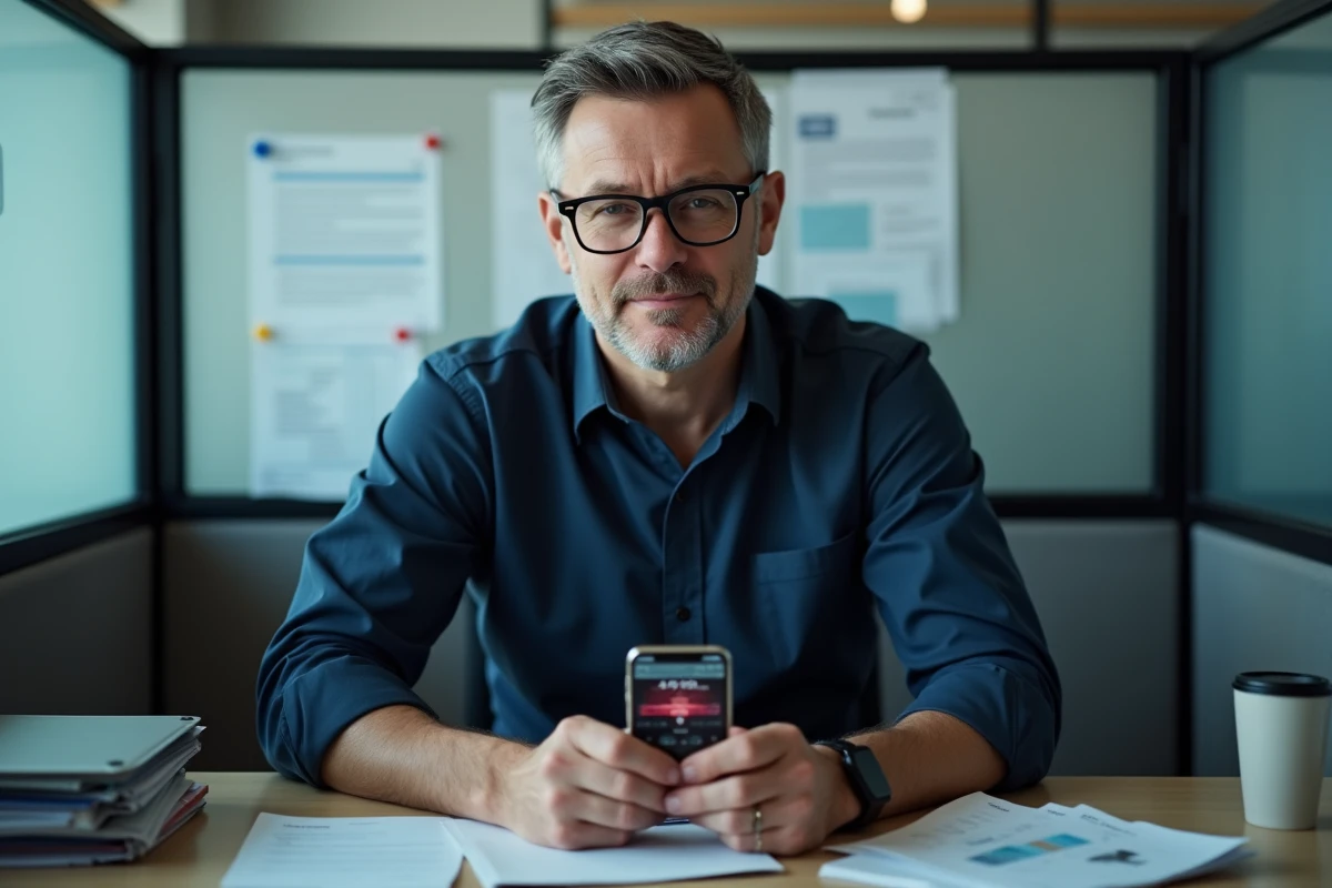 Homme écoutant la radio en streaming sur smartphone au bureau avec écouteurs discrets dans un espace de travail cloisonné