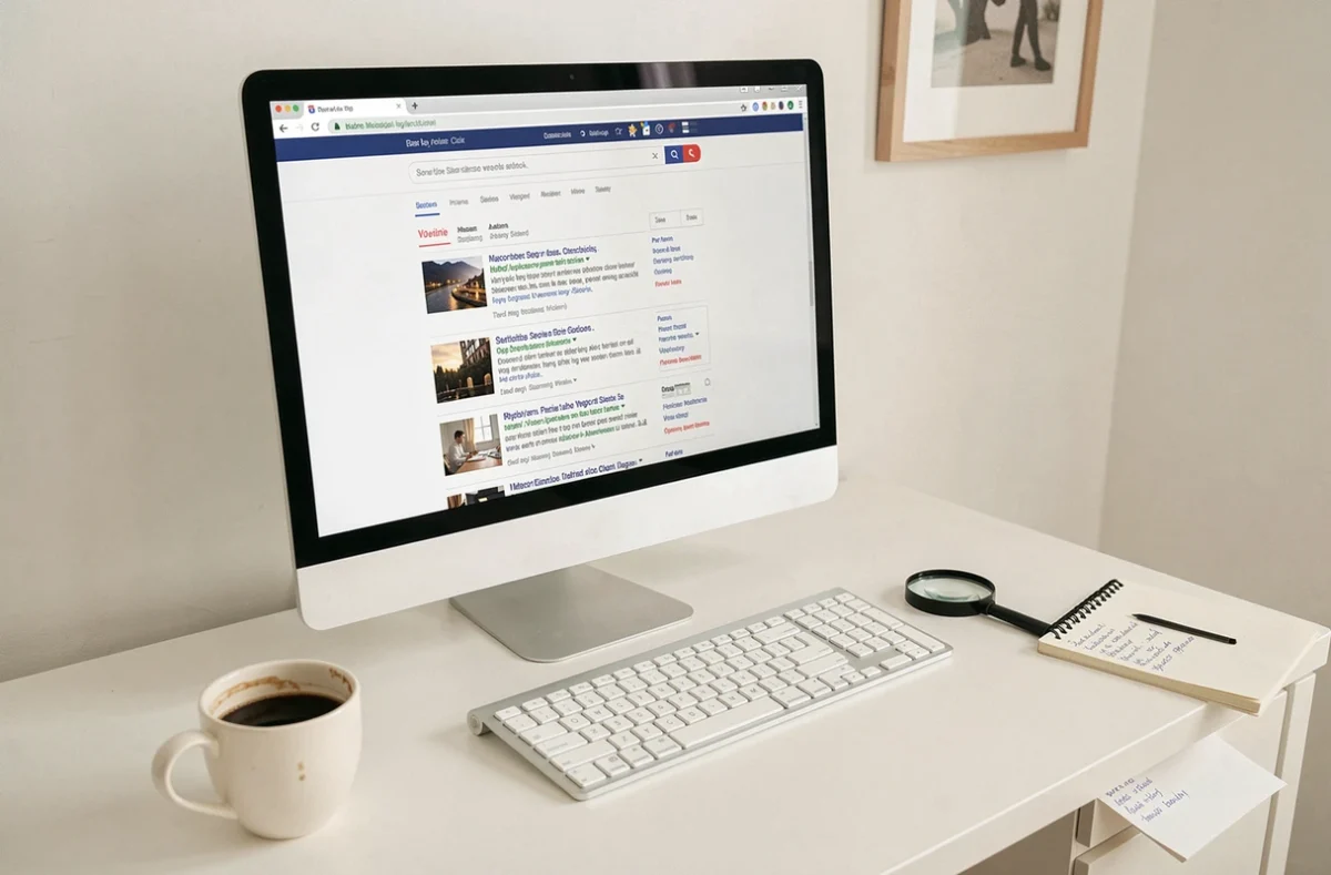 Bureau avec ordinateur affichant des résultats de recherche pour identifier le bon site face aux faux sites