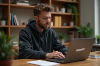 Homme cherchant la nouvelle adresse Tarbob sur son ordinateur portable dans un bureau à domicile