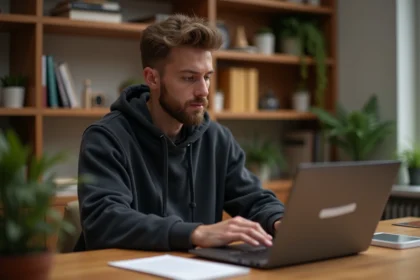 Homme cherchant la nouvelle adresse Tarbob sur son ordinateur portable dans un bureau à domicile