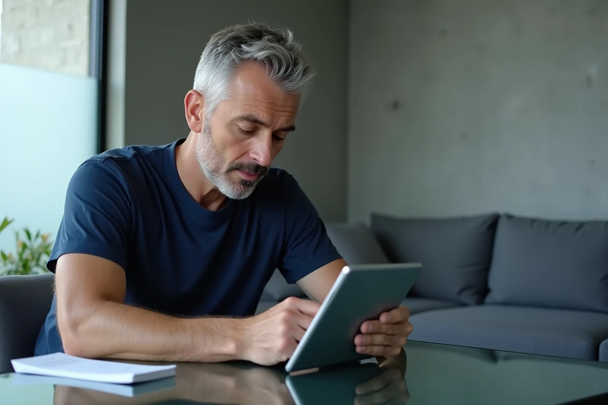 Homme consultant le chat du service client AliExpress sur une tablette avec un produit endommagé posé sur la table