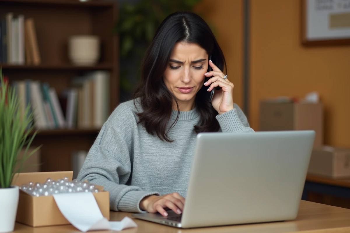 Femme en train de contacter le service client AliExpress par téléphone depuis son bureau à domicile avec un colis ouvert