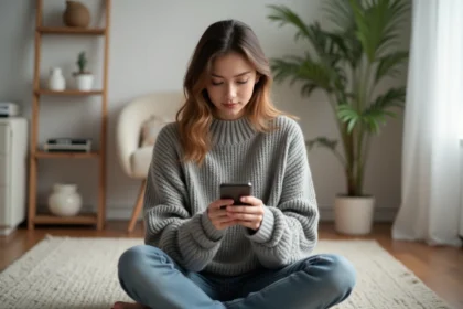 Jeune femme consultant son smartphone en mode avion dans un appartement minimaliste pour regarder des stories Instagram anonymement