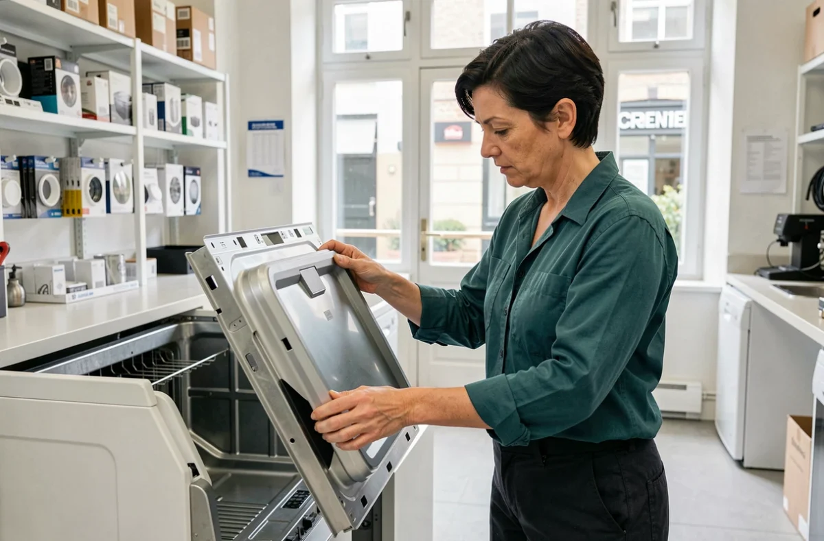 Technicienne RENEE remontant soigneusement un panneau de lave-vaisselle dans un atelier de réparation d'électroménager ordonné
