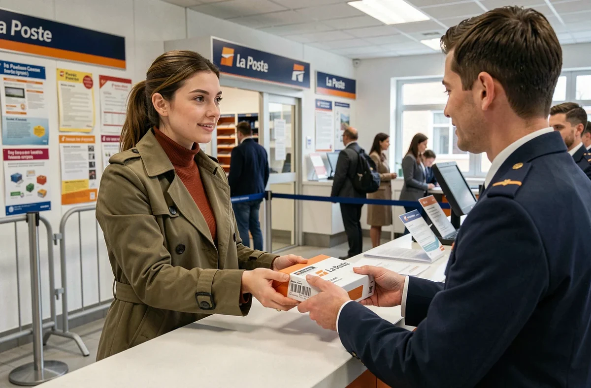 Femme déposant un colis de retour au guichet d'un bureau de poste La Poste avec un employé