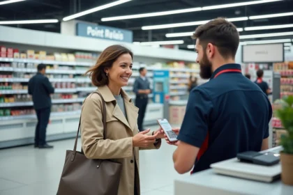 Une femme récupère un colis à un point relais dans un supermarché, présentant un QR code sur son smartphone à l'employé