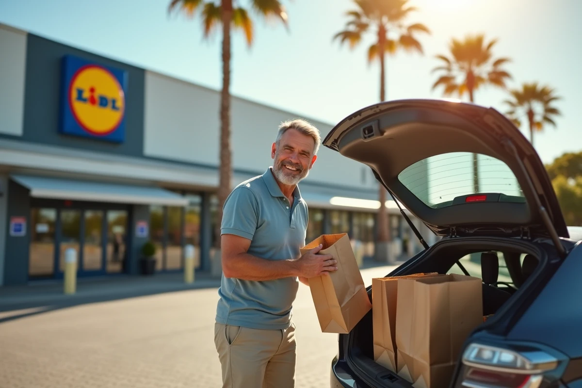Client récupérant sa commande drive Lidl devant un supermarché en zone périurbaine corse
