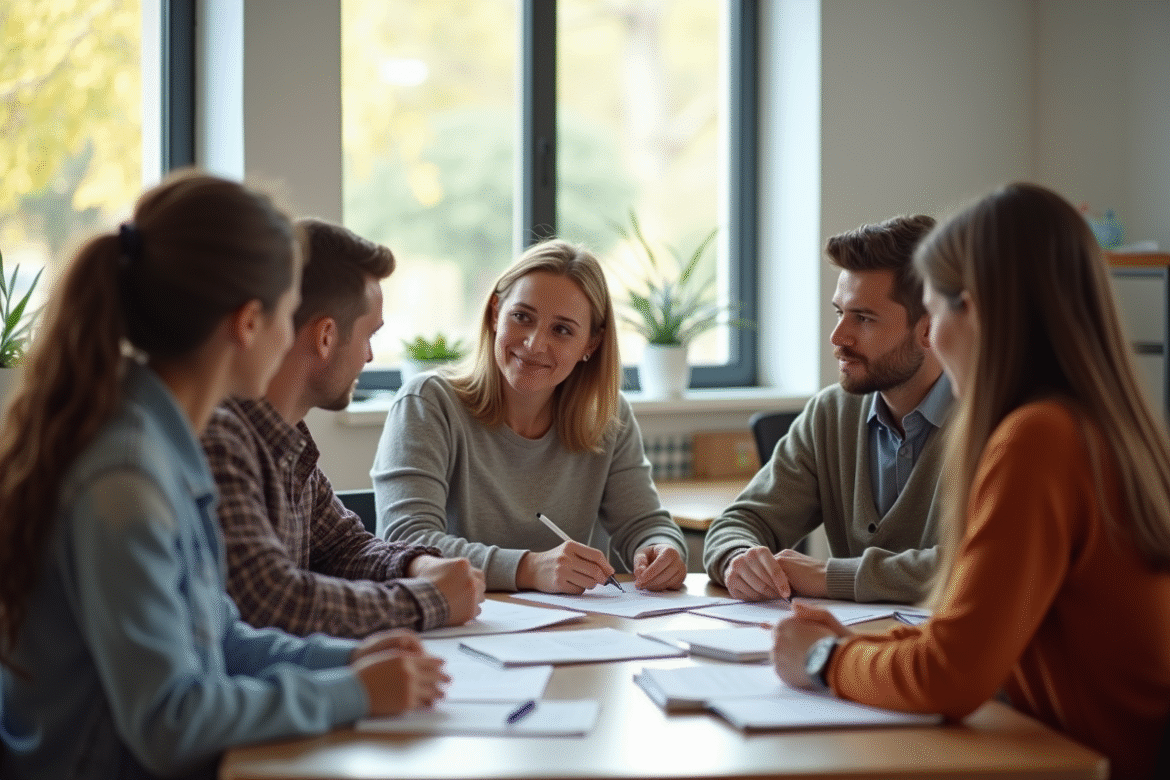 Groupe de parents et enseignants discutant en classe lumineuse