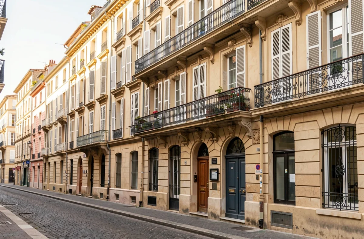 Rue du centre de Marseille avec une entrée de résidence universitaire