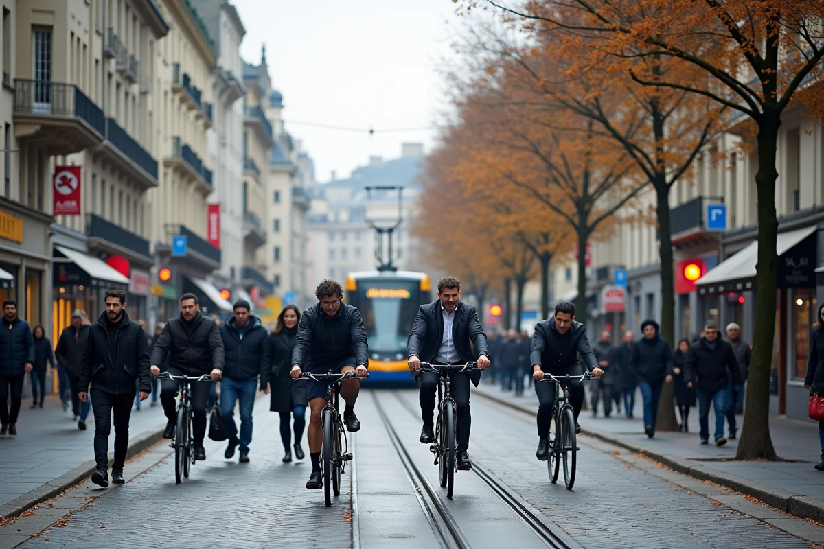 Carrefour animé de Lyon avec piétons et cyclistes nombreux lors d'une grève TCL, tram à l'arrêt visible en arrière-plan