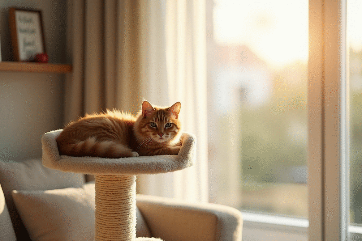 Salon lumineux avec arbre à chat beige près de la fenêtre