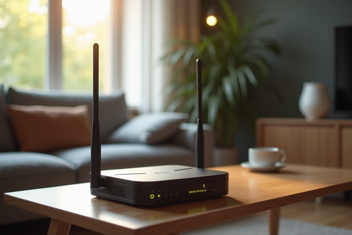 Salon moderne avec modem Bbox affichant erreur C1