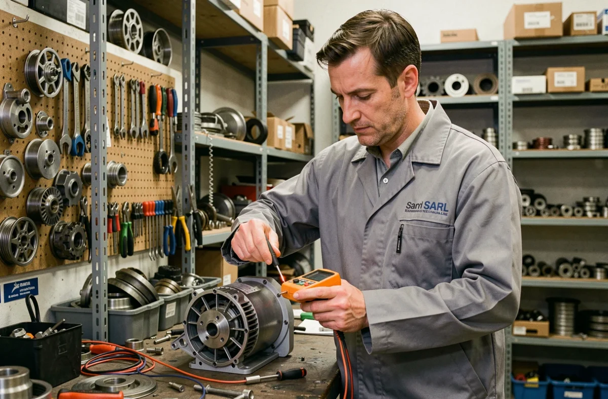 Technicien de Sanchez Maintenance SARL testant un moteur d'électroménager avec un multimètre dans un atelier de réparation professionnel