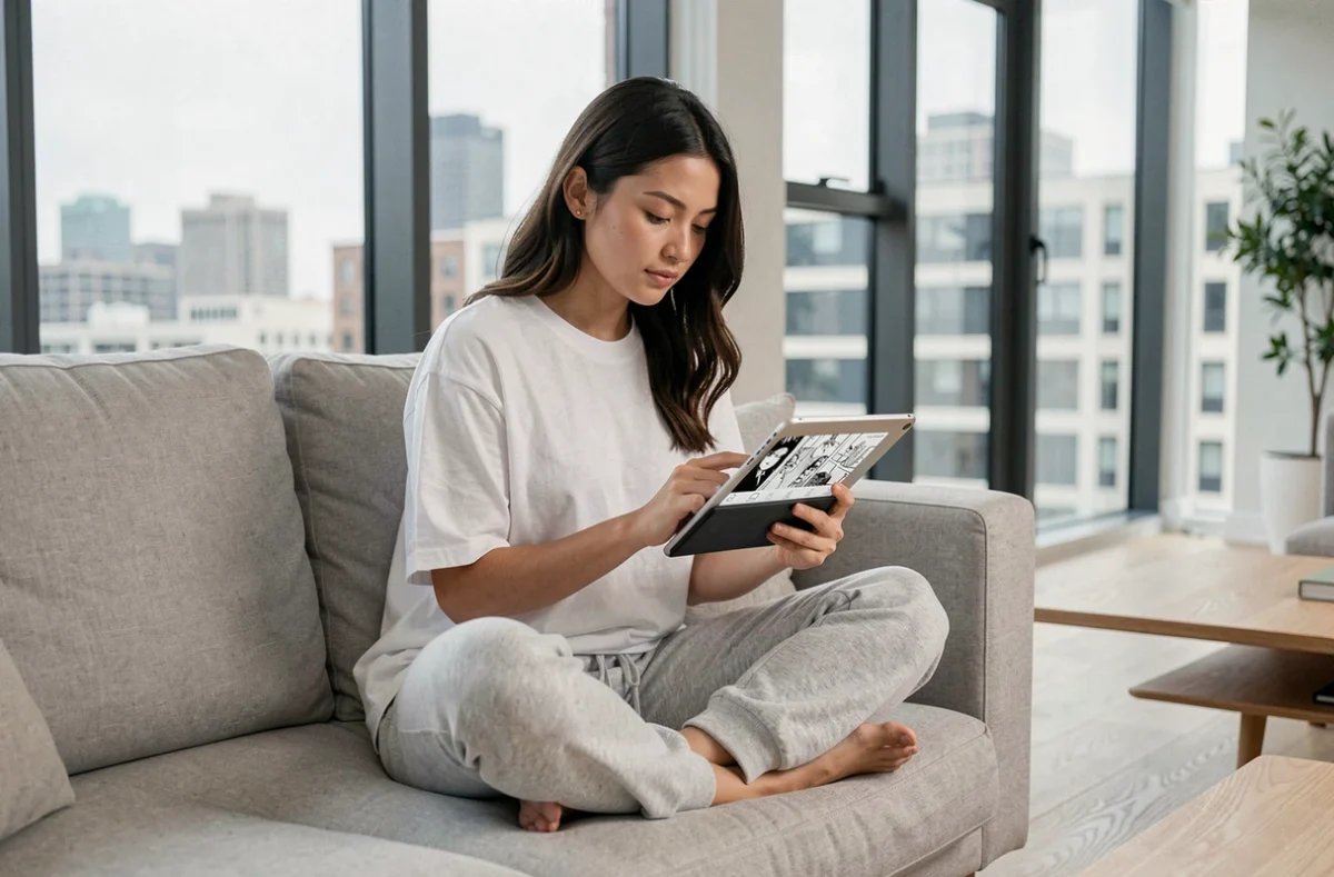 Femme lisant un scan de manga en français sur tablette dans un appartement moderne et minimaliste