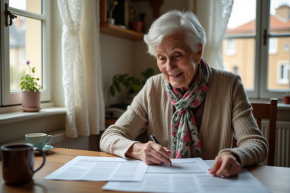 Femme retraitée souriante vérifiant ses papiers de pension
