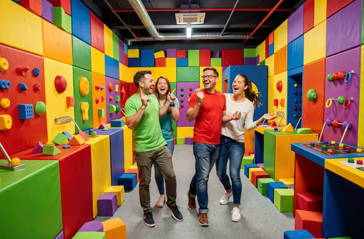 Groupe animé participant à des défis physiques et interactifs dans l'espace de jeu Sensas à Lyon