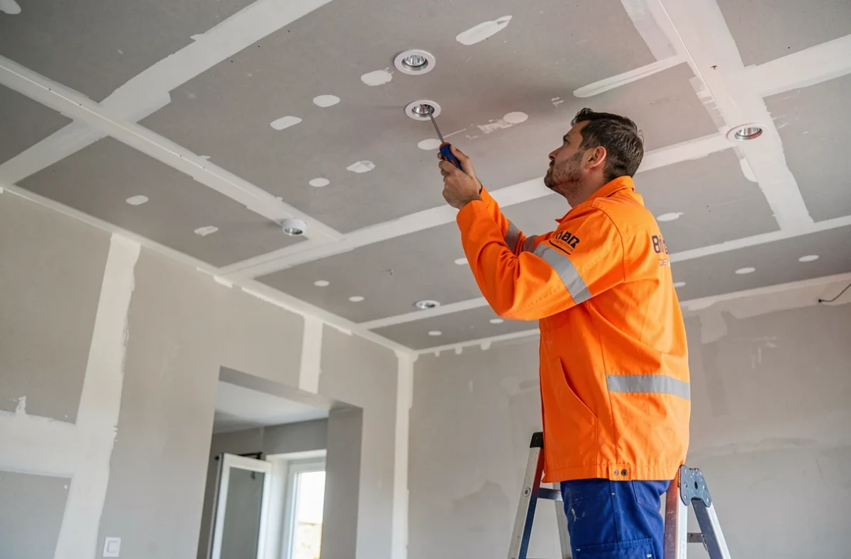 Technicien Serieyssol Électricité installant des spots encastrés dans une maison neuve en Ardèche