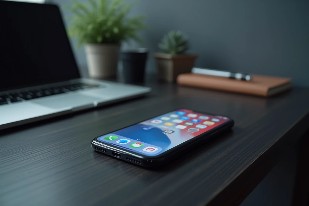 Smartphone en mode avion posé sur un bureau montrant l'interface des stories Instagram pour une consultation anonyme