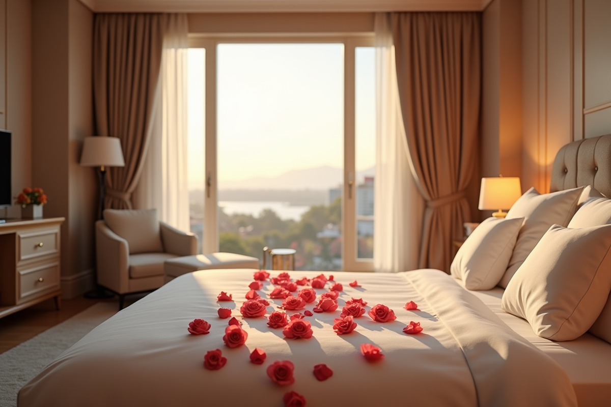 Suite d hotel avec lit orne de roses et lumiere douce