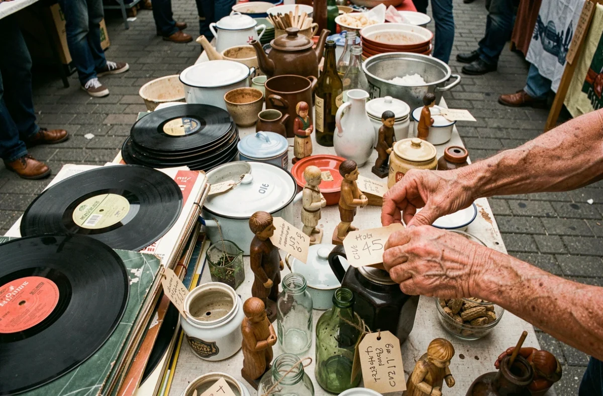 Table de braderie couverte d'objets vintage, disques vinyles et vaisselle ancienne dans le Nord