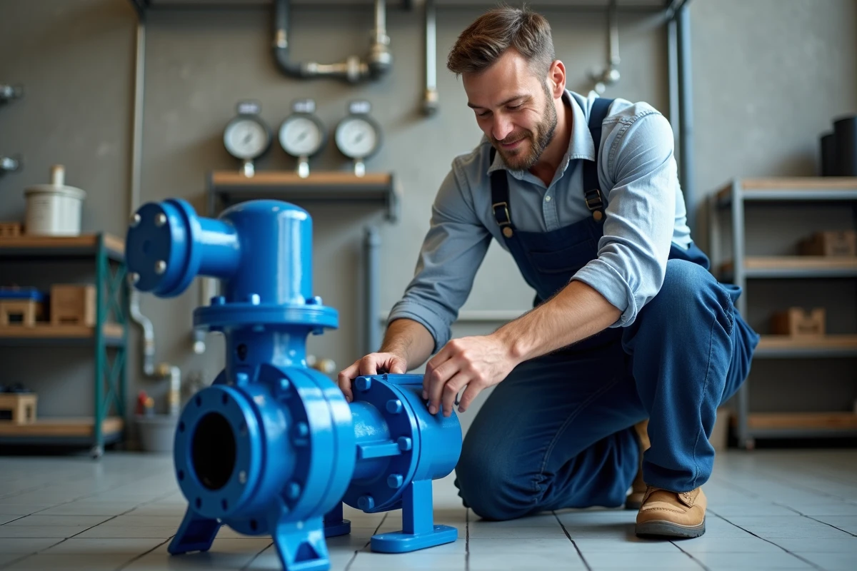 Technicien en overalls installant une pompe à eau dans une pièce moderne