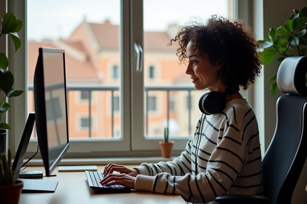 Jeune femme en télétravail écoutant Radio Gazelle avec un casque audio près d'une fenêtre avec vue sur les toits de Marseille
