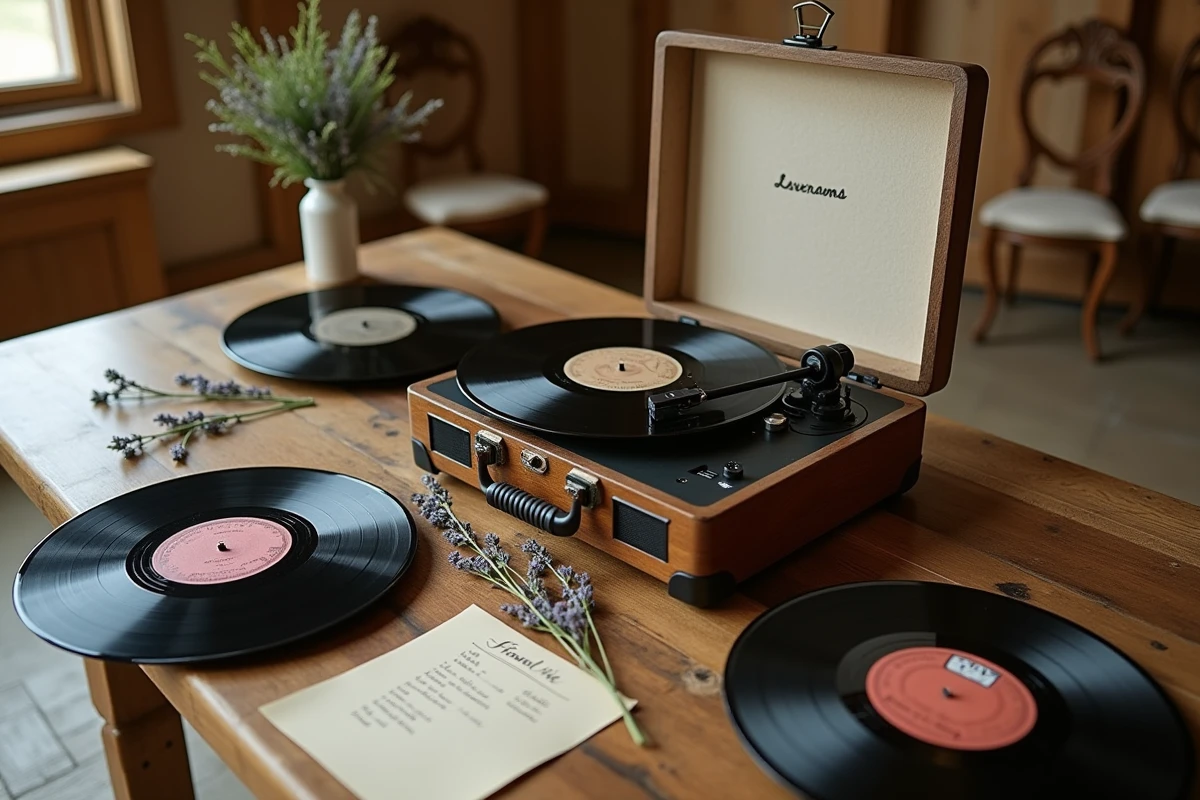 Tourne-disque vintage avec des vinyles de chansons françaises des années 60 pour une décoration de mariage rétro