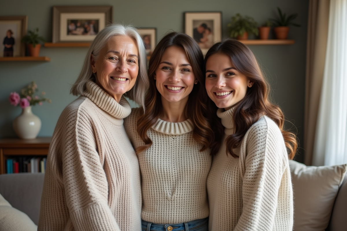 Trois générations souriantes dans un salon chaleureux