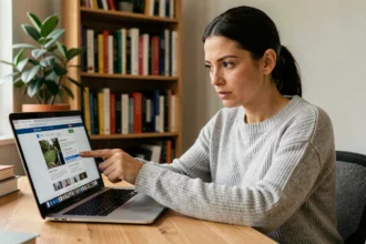 Femme vérifiant l'authenticité d'un site web sur son ordinateur portable pour éviter les faux sites en 2026