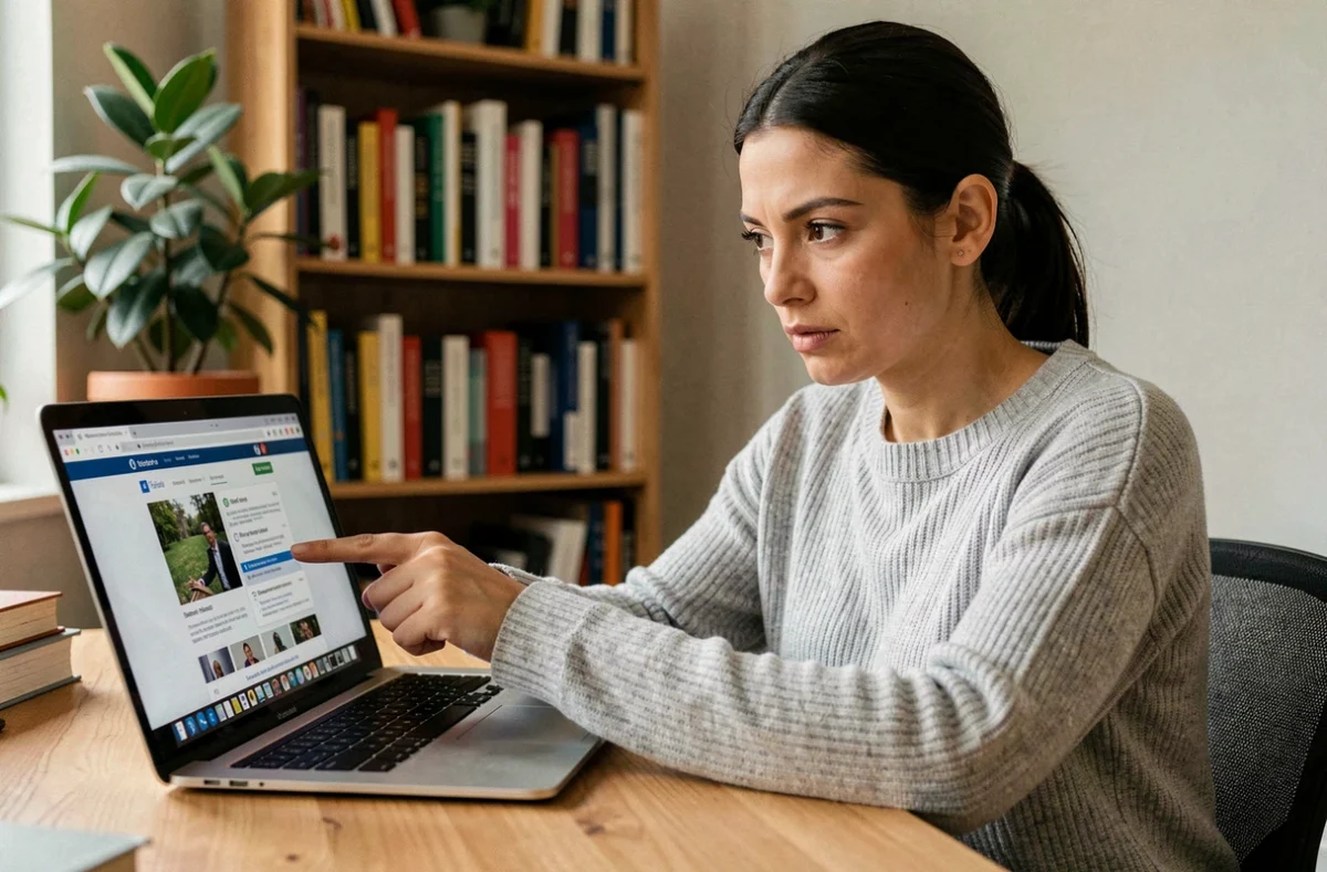 Femme vérifiant l'authenticité d'un site web sur son ordinateur portable pour éviter les faux sites en 2026