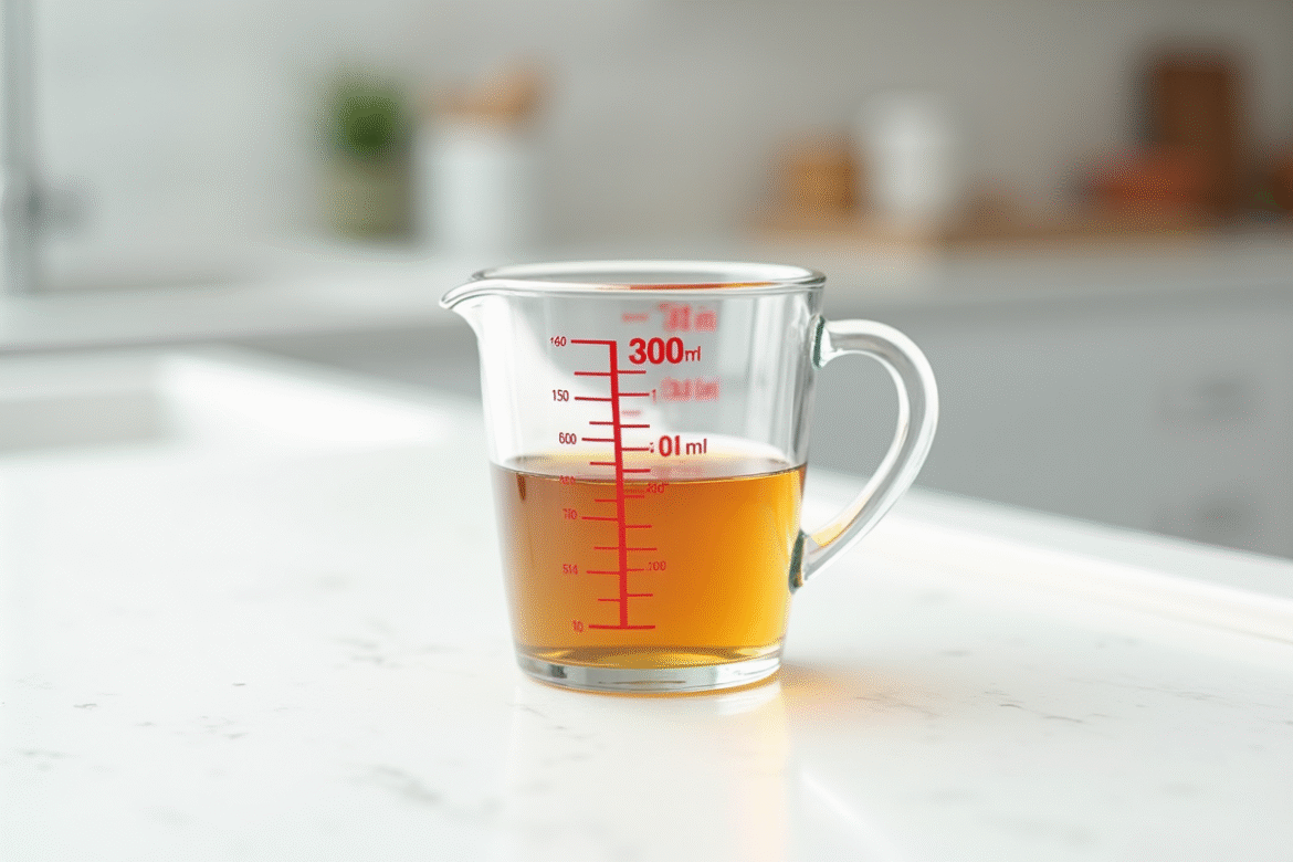 Verre mesureur rempli à 300 ml sur plan blanc lumineux